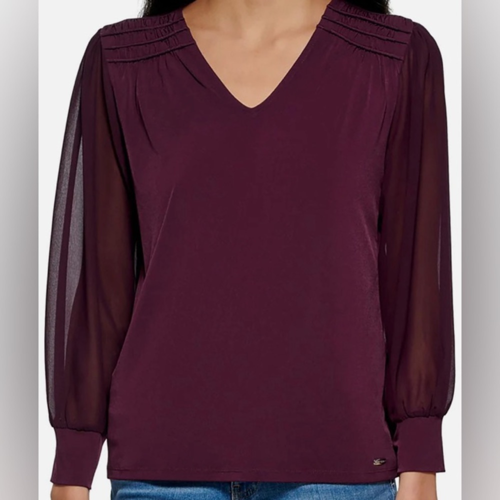 Calvin Klein Womens Chiffon V-Neck Blouse Aubergine/Plum XL